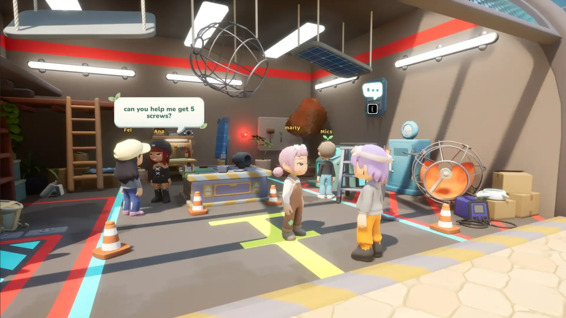 Characters stand beside workbenches, equipment and shelves in Loftia’s workshop.