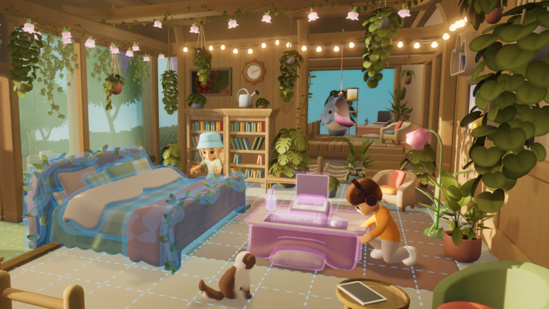 A furnished Loftia bedroom with plants, shelves and string lights.
