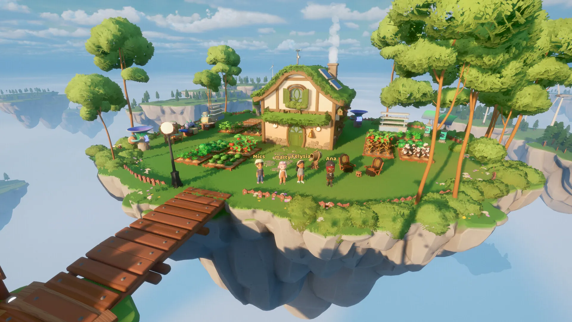 A floating island with a house, garden plots and a wooden bridge in Loftia.