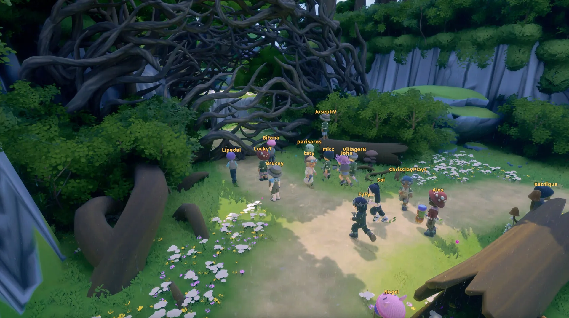 Characters gathered on a forest path beneath large trees in Loftia.